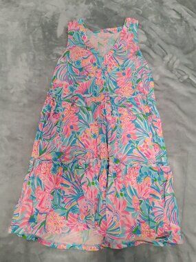 Lilly Pulitzer Dress Womens Medium Pink Blue Tropical Sleeveless Tiered Summer